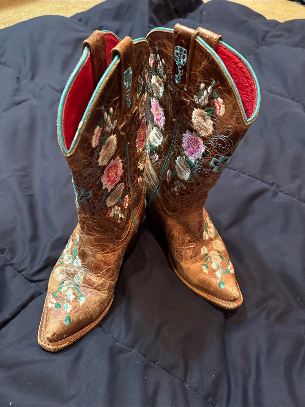 Girls Macie Bean Brown Embroidered Western Boots with Pink Floral Accents